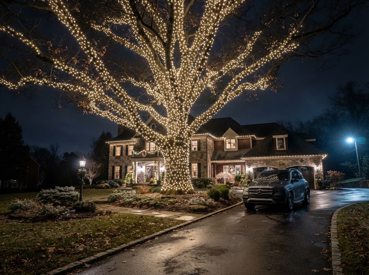 Mature tree densely wrapped in warm-white Christmas lights