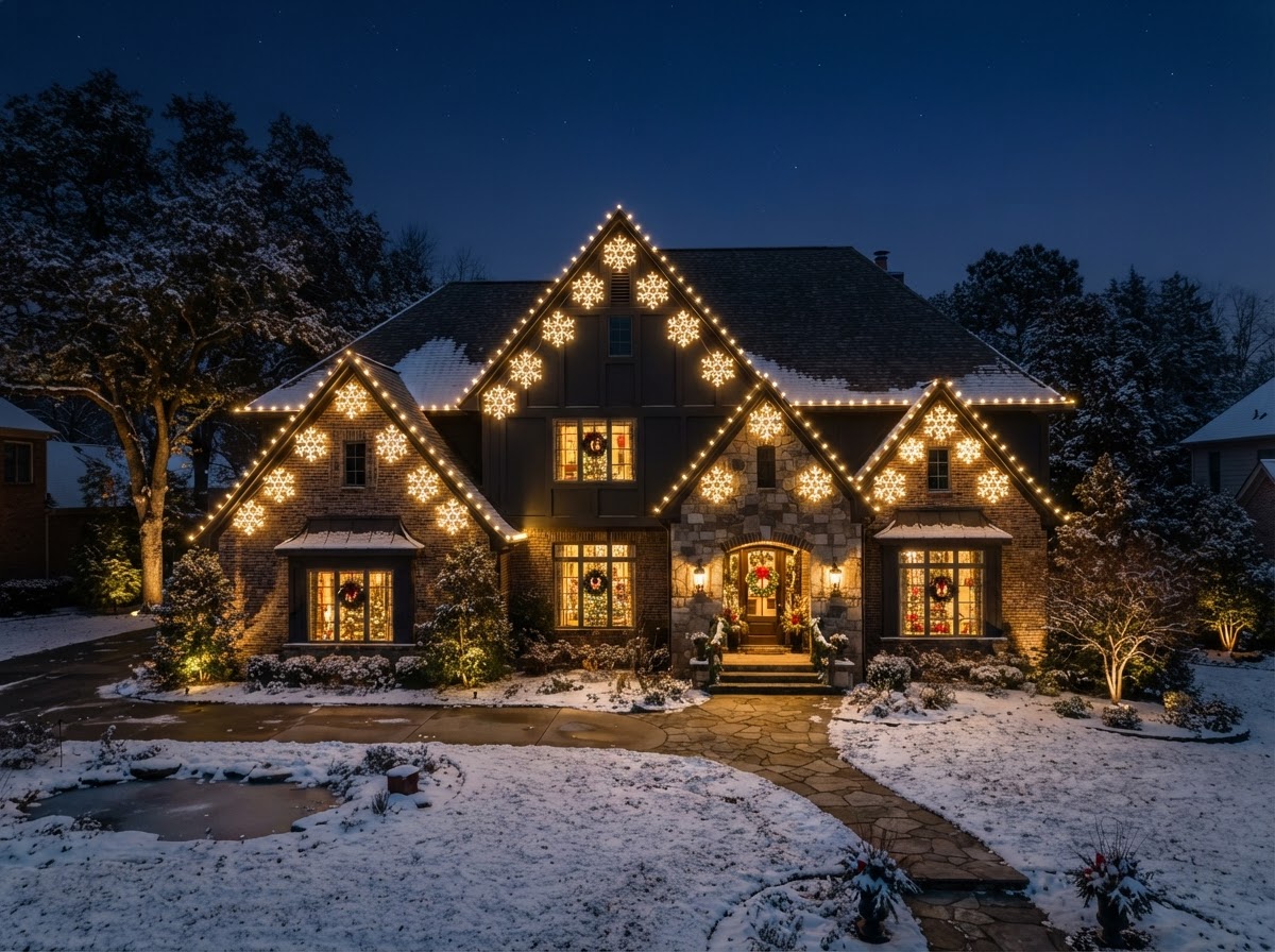 Home with repeating warm-white snowflake motifs along the roofline
