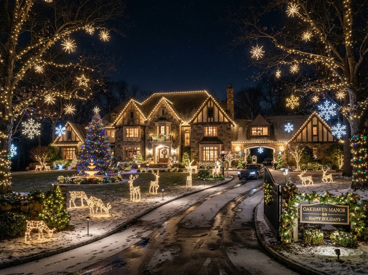 Residential estate with illuminated Christmas trees, starbursts and reindeer