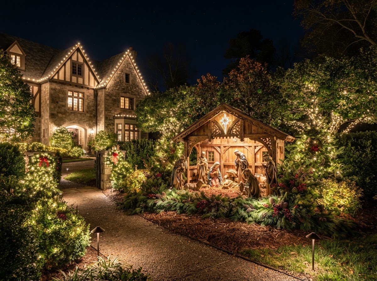 Tasteful illuminated nativity scene integrated into property lighting