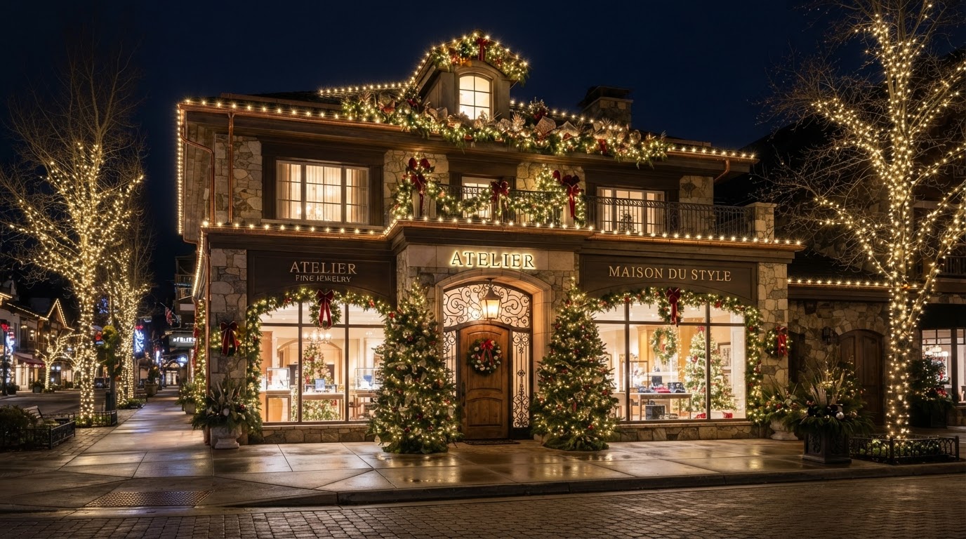 Commercial building with professional warm-white Christmas lighting