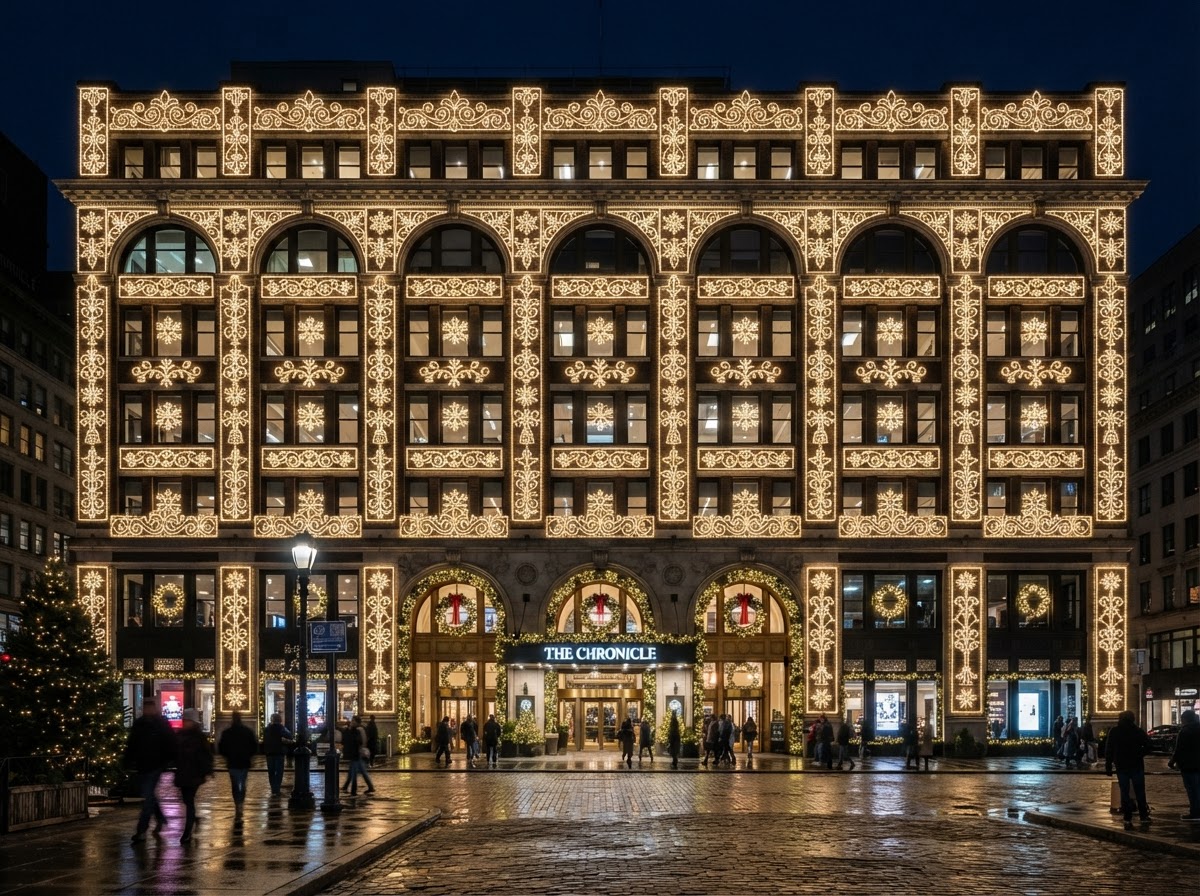Commercial building with repeating illuminated holiday motifs