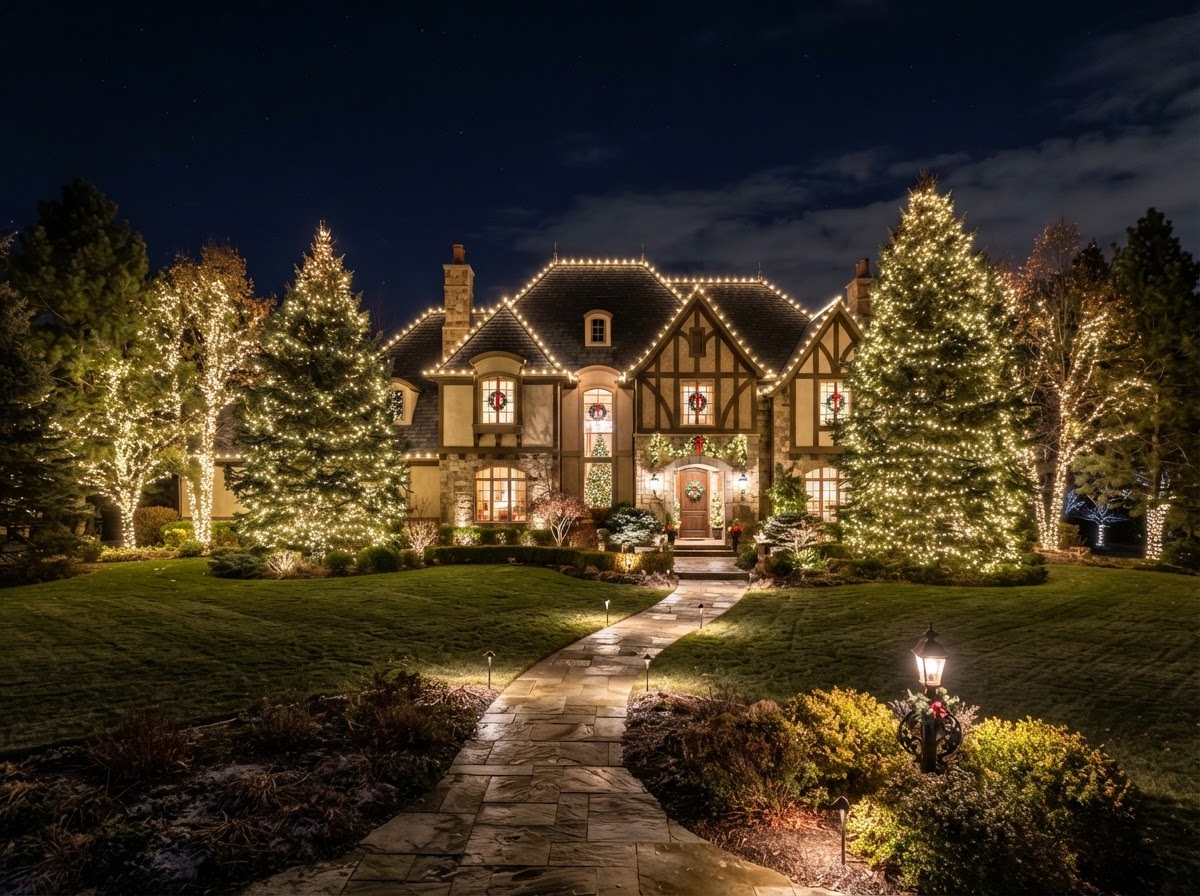 Large estate home with warm-white C9 Christmas lights and tree wrapping