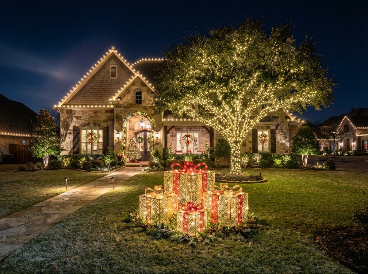 Elegant property with three-dimensional illuminated gift boxes beneath a large tree