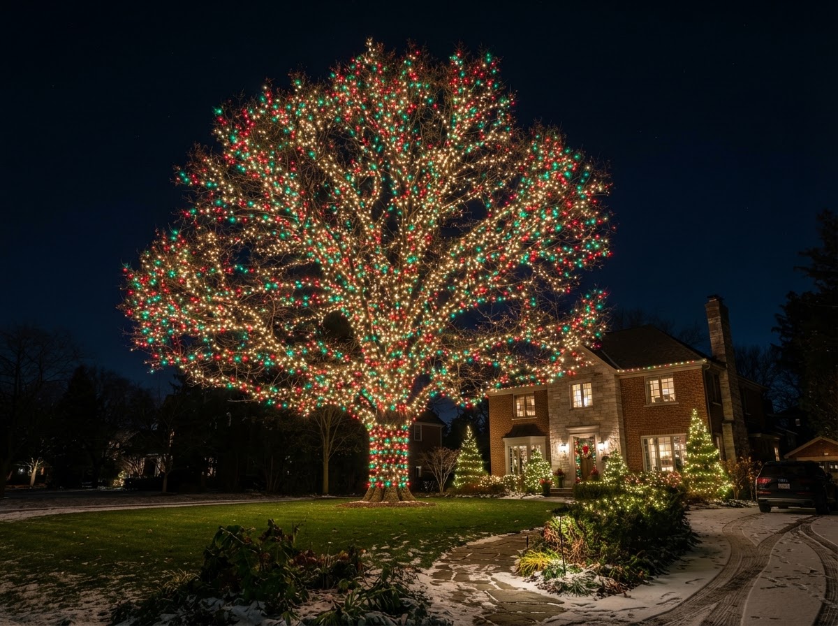 Spectacular multicolor large-tree Christmas installation