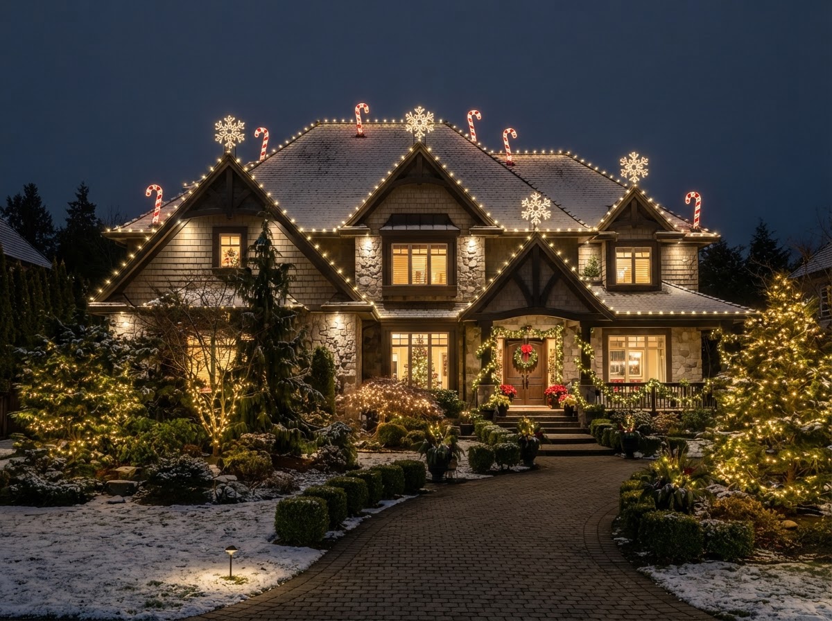 Luxury home with alternating snowflake and candy cane motifs along the roofline