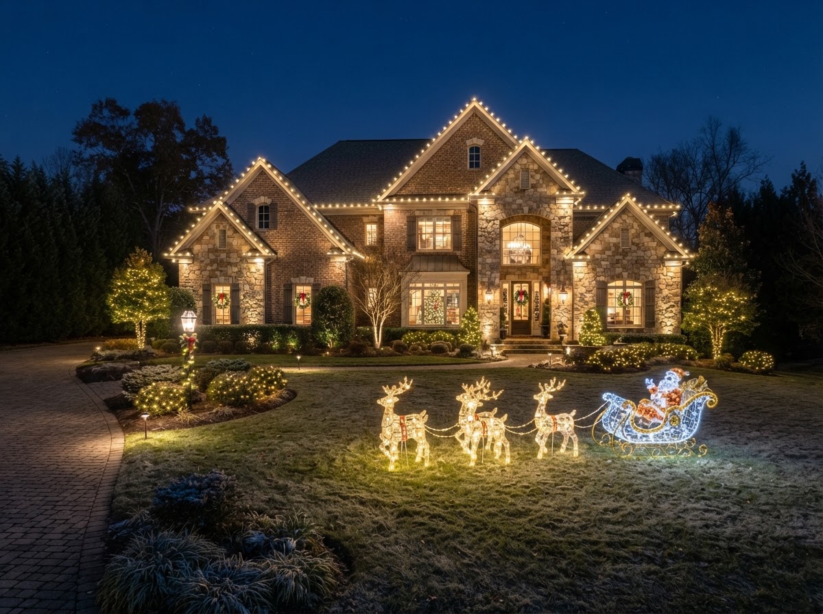 Home with illuminated Santa-and-sleigh yard display