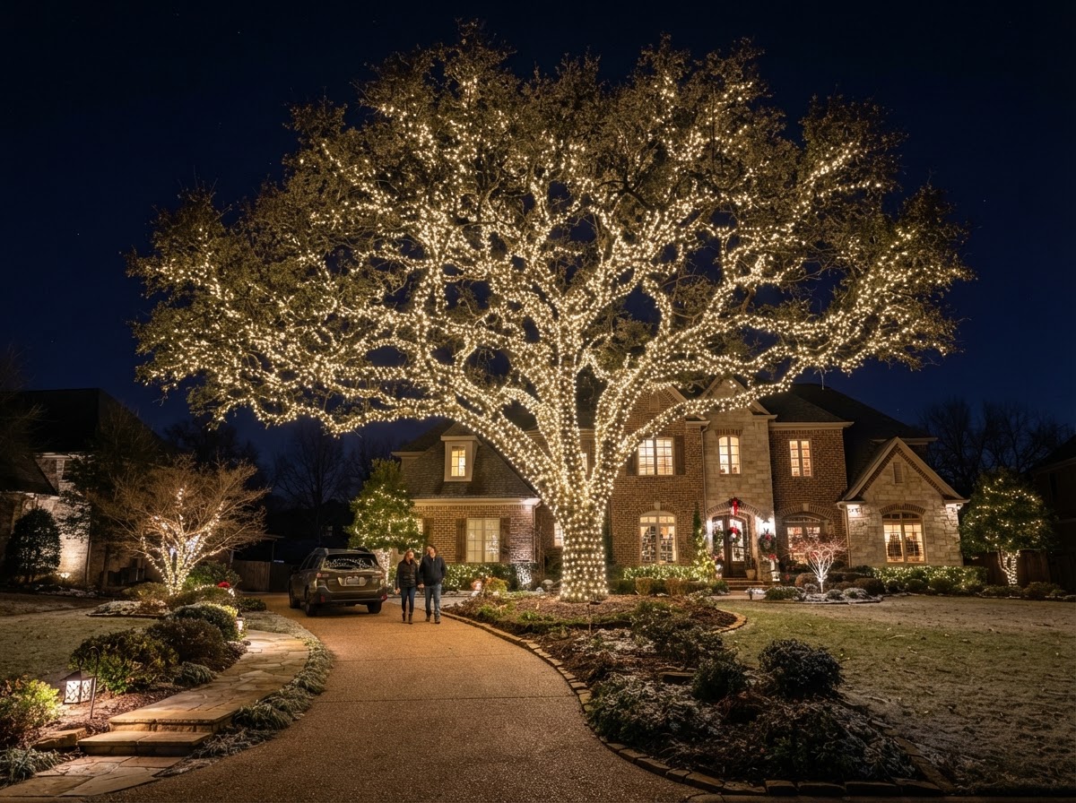 Large mature tree with trunk and branches tightly wrapped in warm-white lights