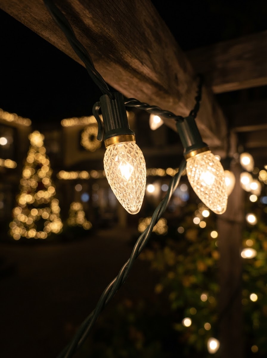 Close-up of warm-white C9 Christmas light bulbs