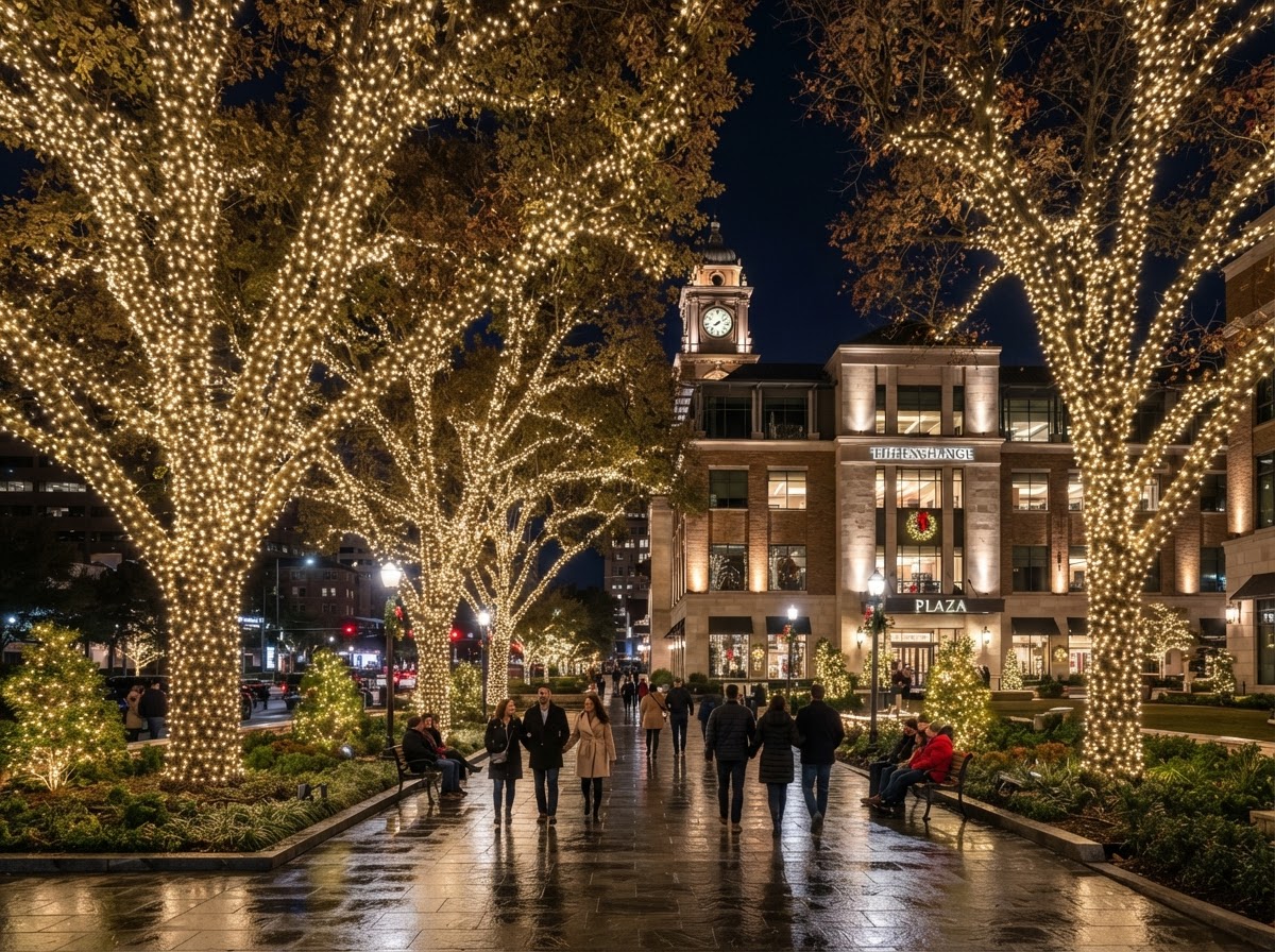 Commercial property with several large trees wrapped in warm-white lights