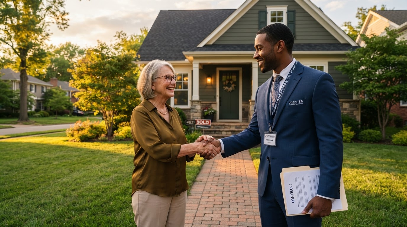 A real estate wholesaler shaking hands with a homeowner in front of a suburban home