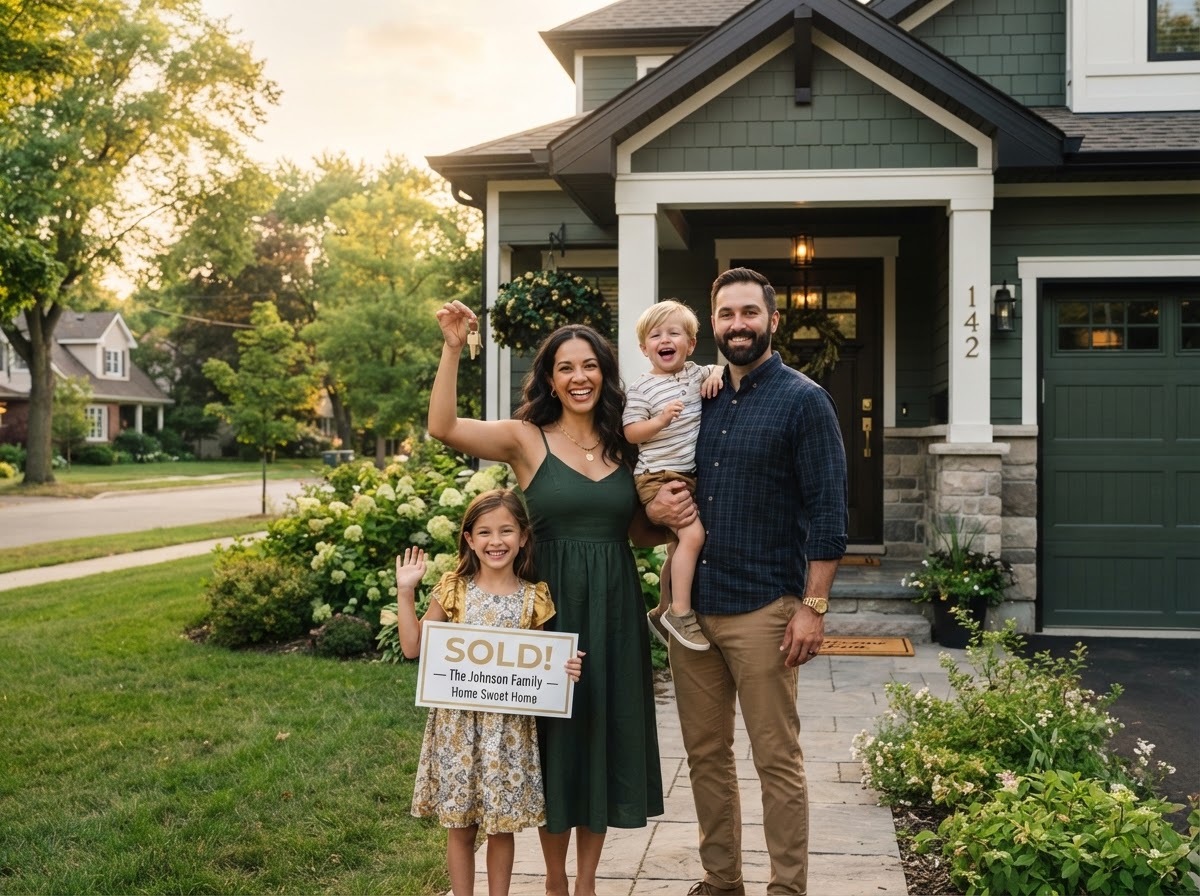 A happy family holding keys in front of their new home
