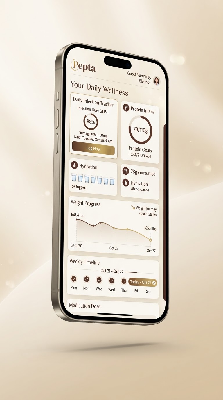 Pepta app preview on iPhone — injection, protein, hydration, and weight tracking dashboard