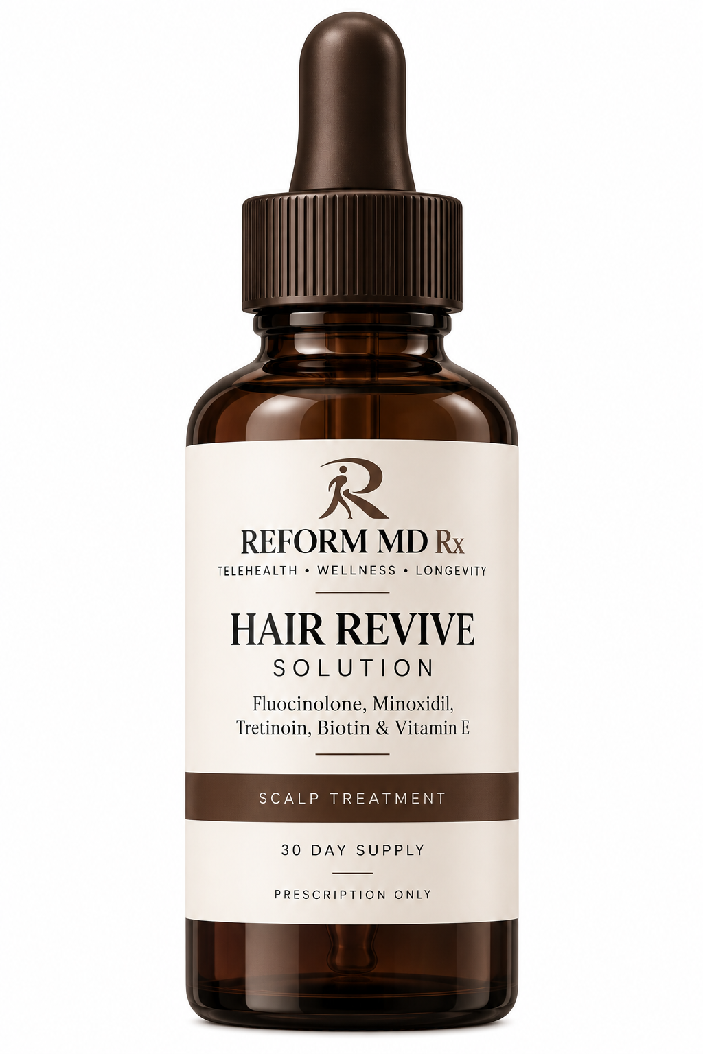 Reform MD Rx Hair Revive Solution — Fluocinolone, Minoxidil, Tretinoin, Biotin, and Vitamin E dropper bottle