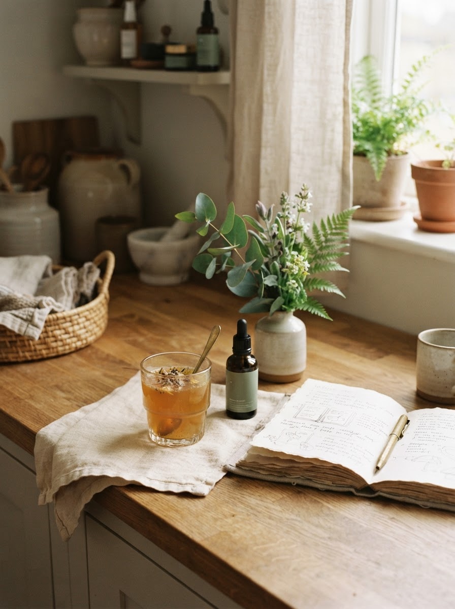 A calm morning wellness ritual on a wooden counter