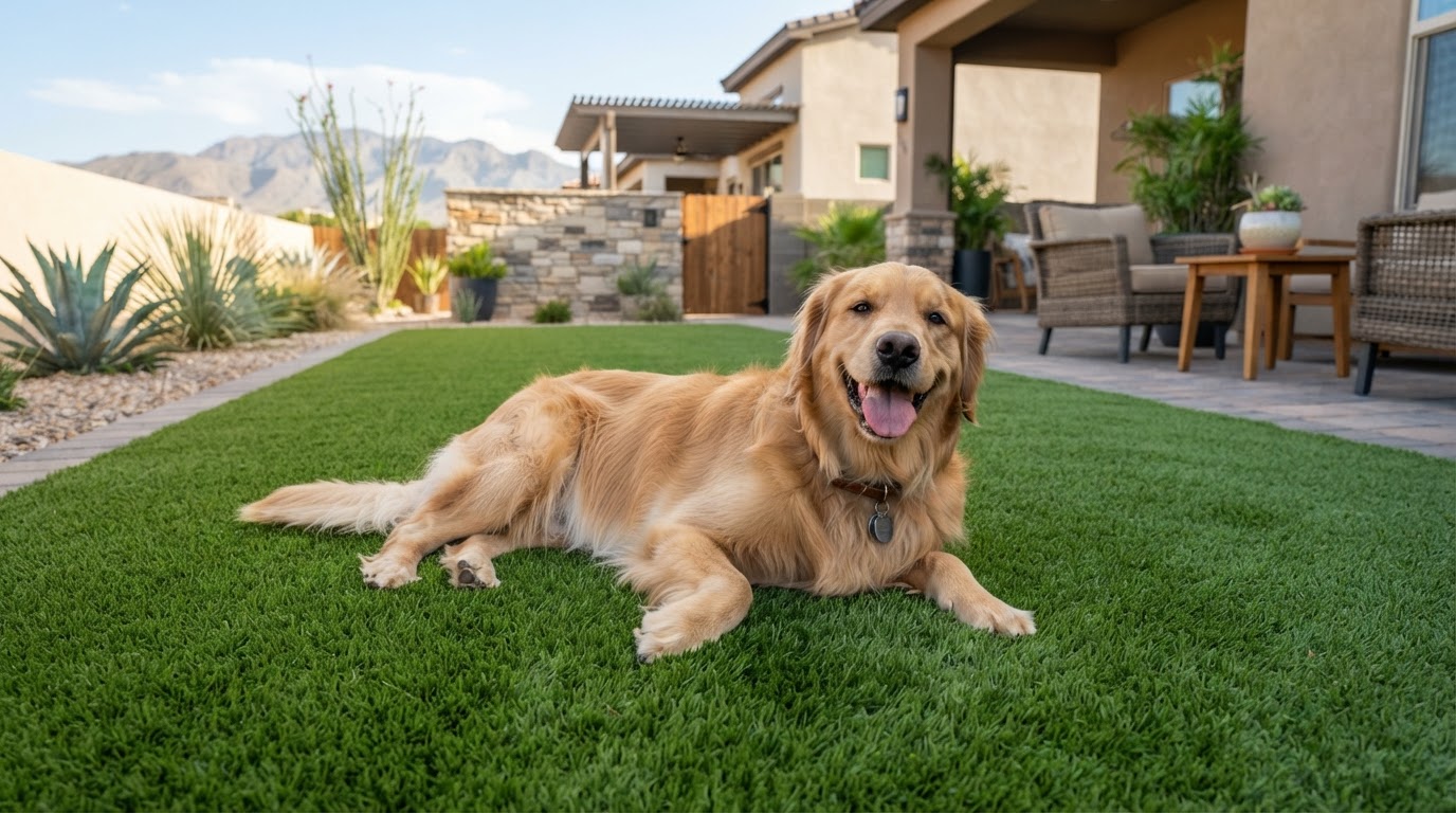 A happy dog enjoying a clean, fresh artificial turf backyard in El Paso