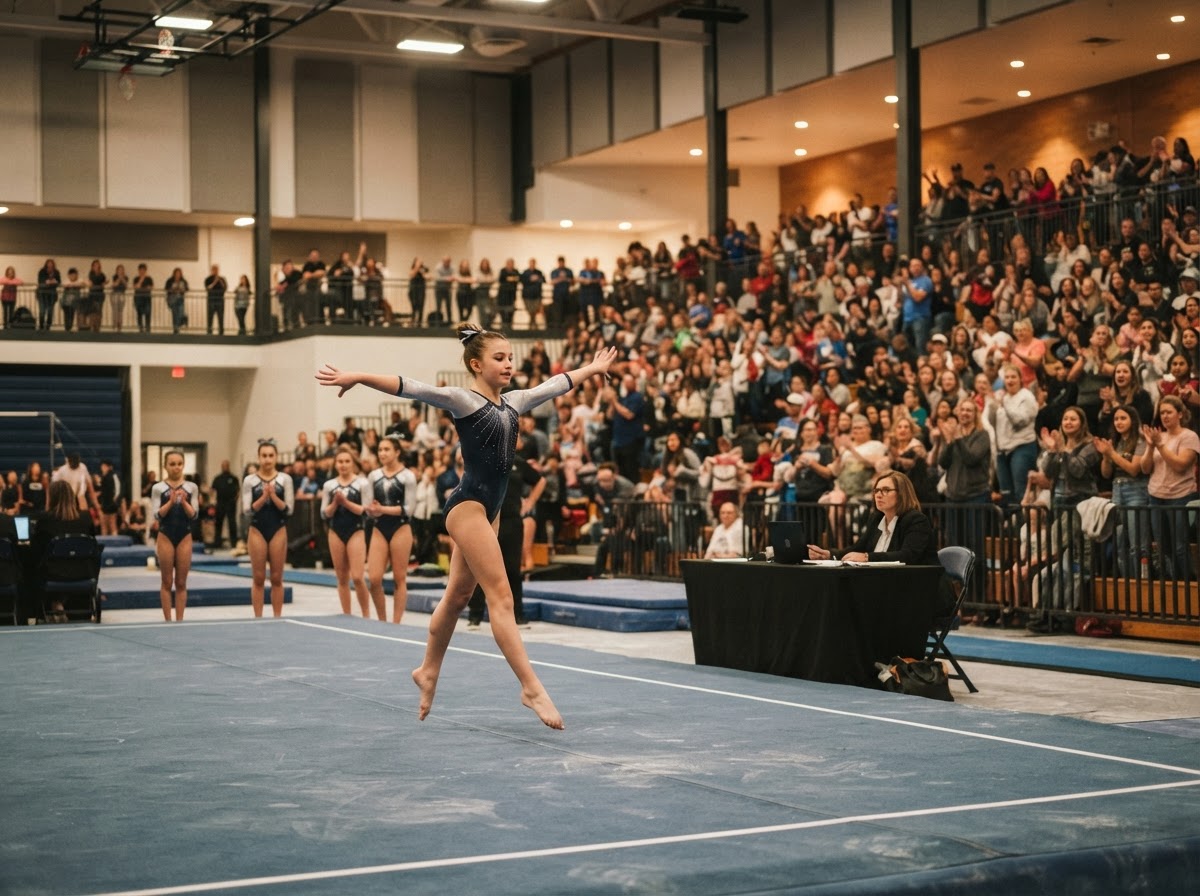 A gymnastics competition in an arena with young gymnasts and spectators in the stands