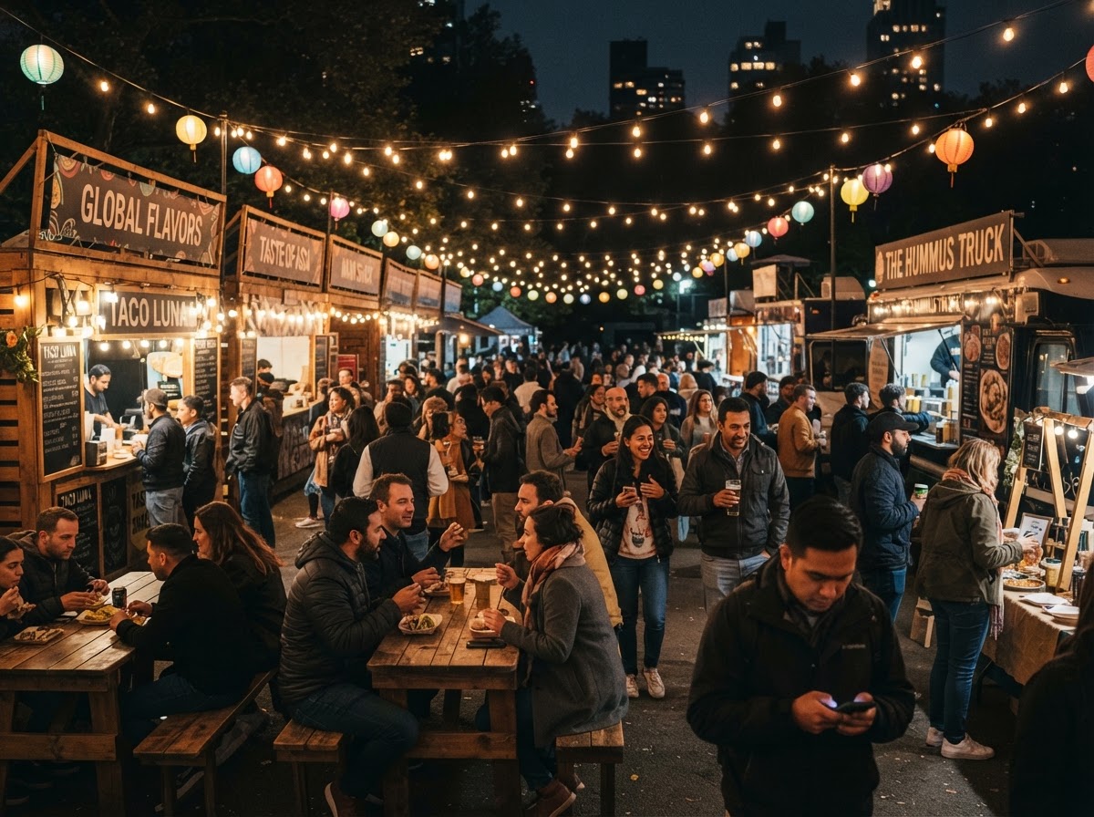 An outdoor food and cultural community festival with vendor stalls, food trucks, and attendees browsing under string lights