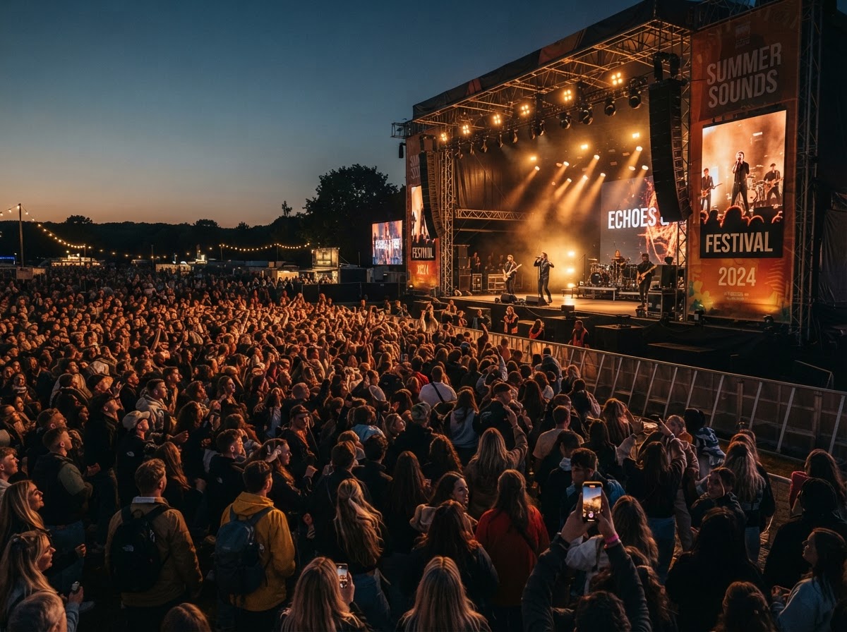 An outdoor music festival with a large crowd in front of a main stage at dusk with stage lighting and banners