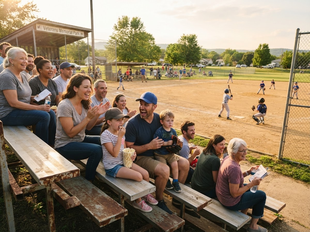 Families attending a youth baseball game at a community sports field