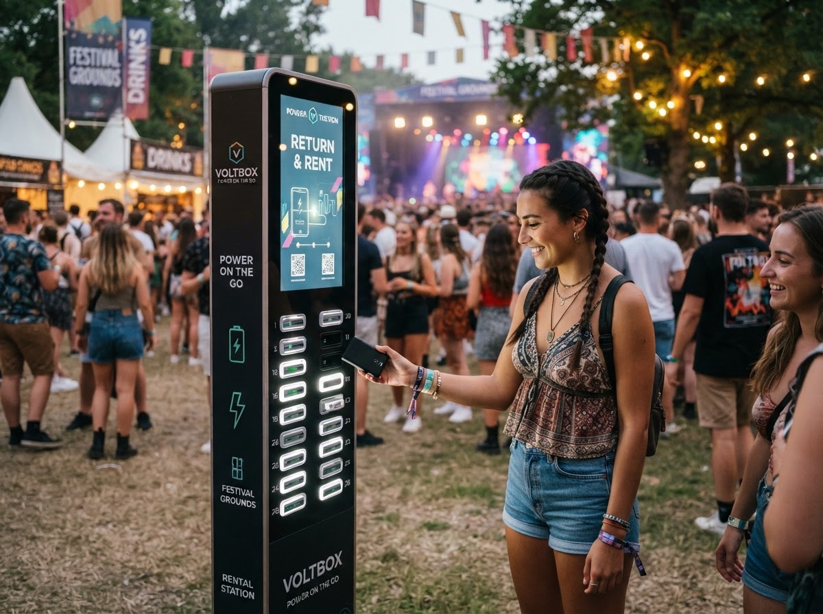 A festivalgoer taking a portable power bank from a sleek charging station at an outdoor festival with the event environment visible in the background