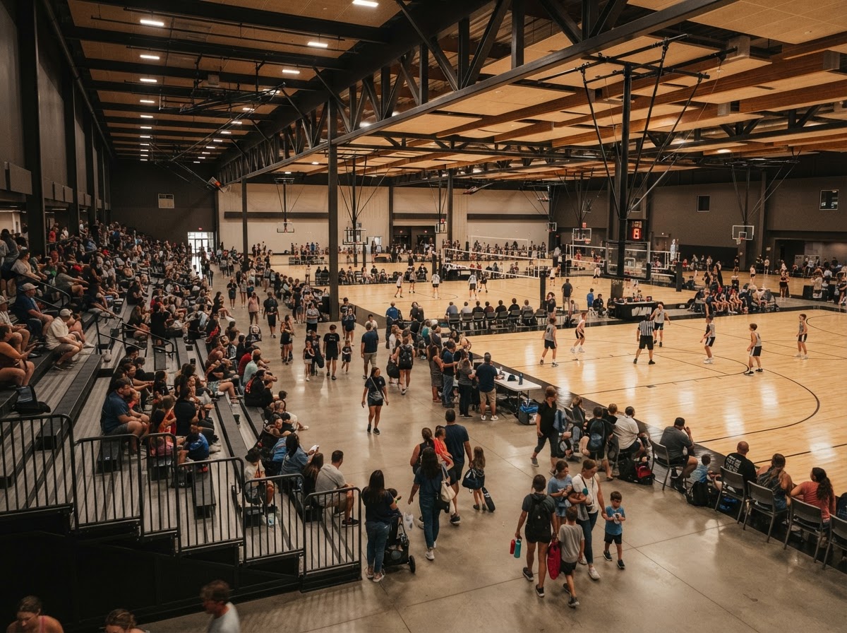 A large indoor sports complex with multiple basketball and volleyball courts and spectators gathered in the concourse