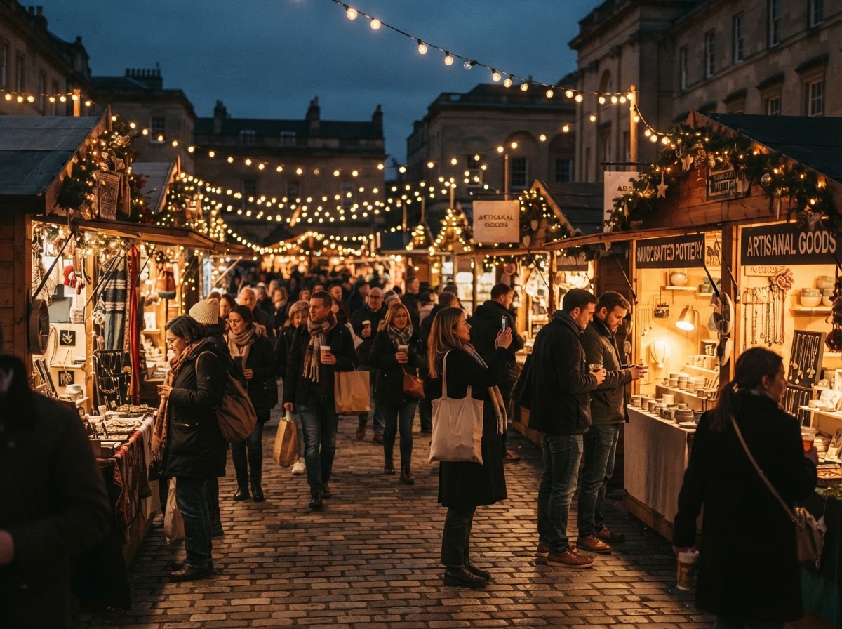 An outdoor seasonal market with artisan vendor stalls and shoppers browsing during early evening under festive string lights