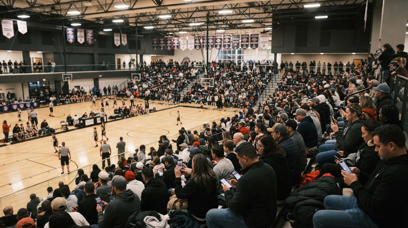 Families and spectators seated in the bleachers of a modern indoor sports tournament facility during a game day