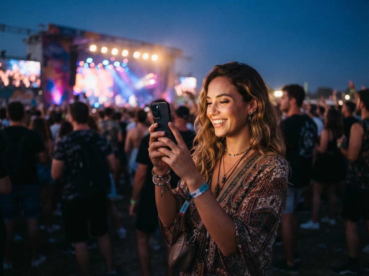 A festivalgoer using her smartphone while standing in an energetic outdoor festival environment with stage lighting and crowd behind her