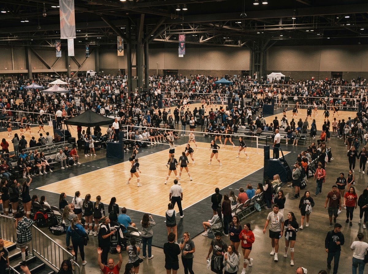 A busy multi-court indoor volleyball tournament championship event with spectators