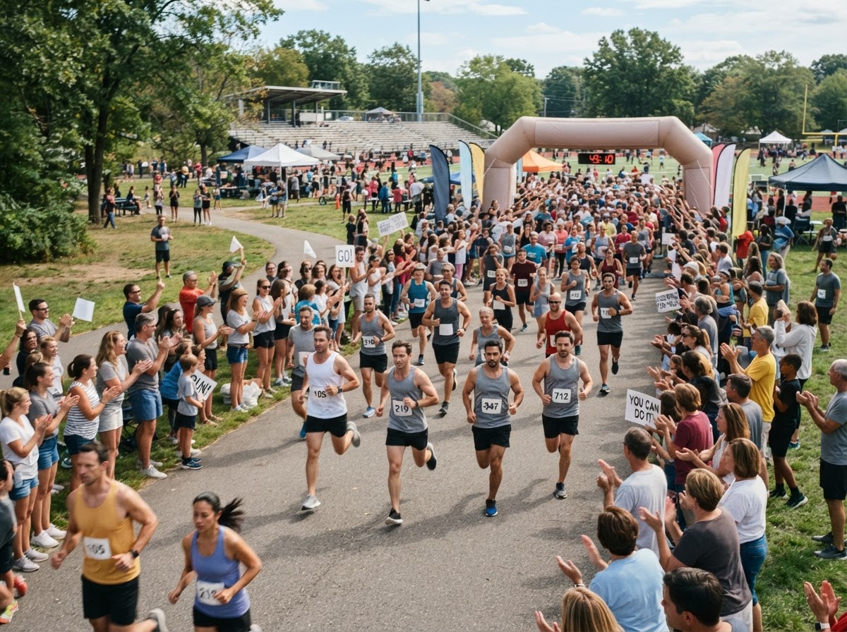 An organized outdoor running race event with runners and spectators along the route