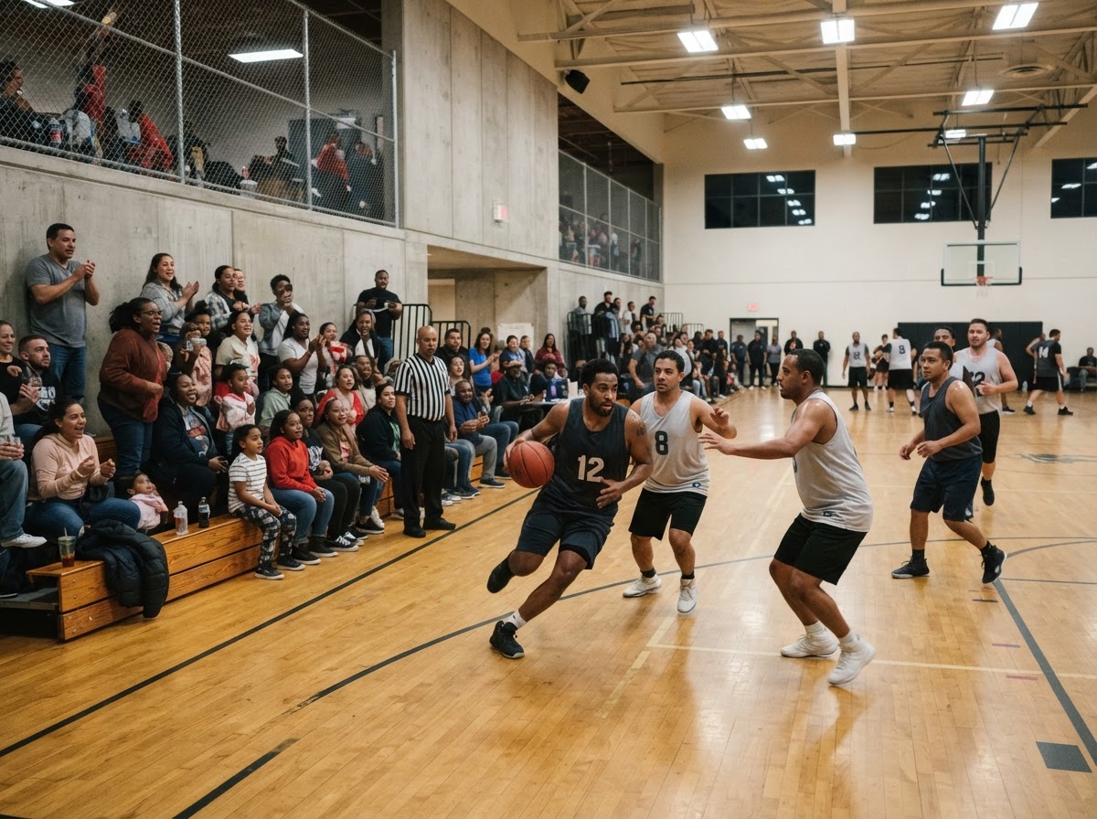 A community recreation center gymnasium with an adult recreational basketball league game