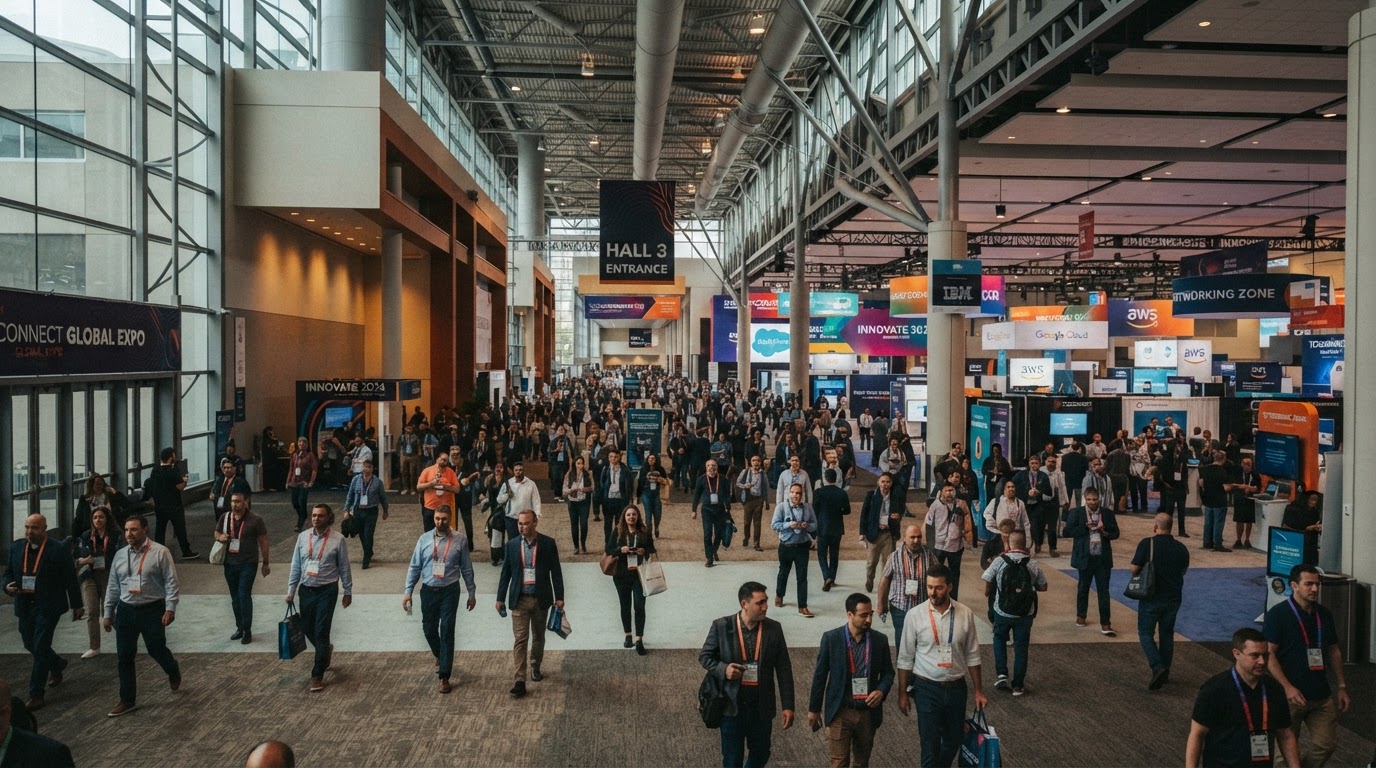 Attendees networking at a convention center trade show