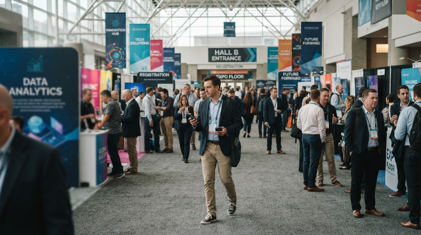 An attendee holding a portable power bank connected to their phone while walking through a busy trade show concourse