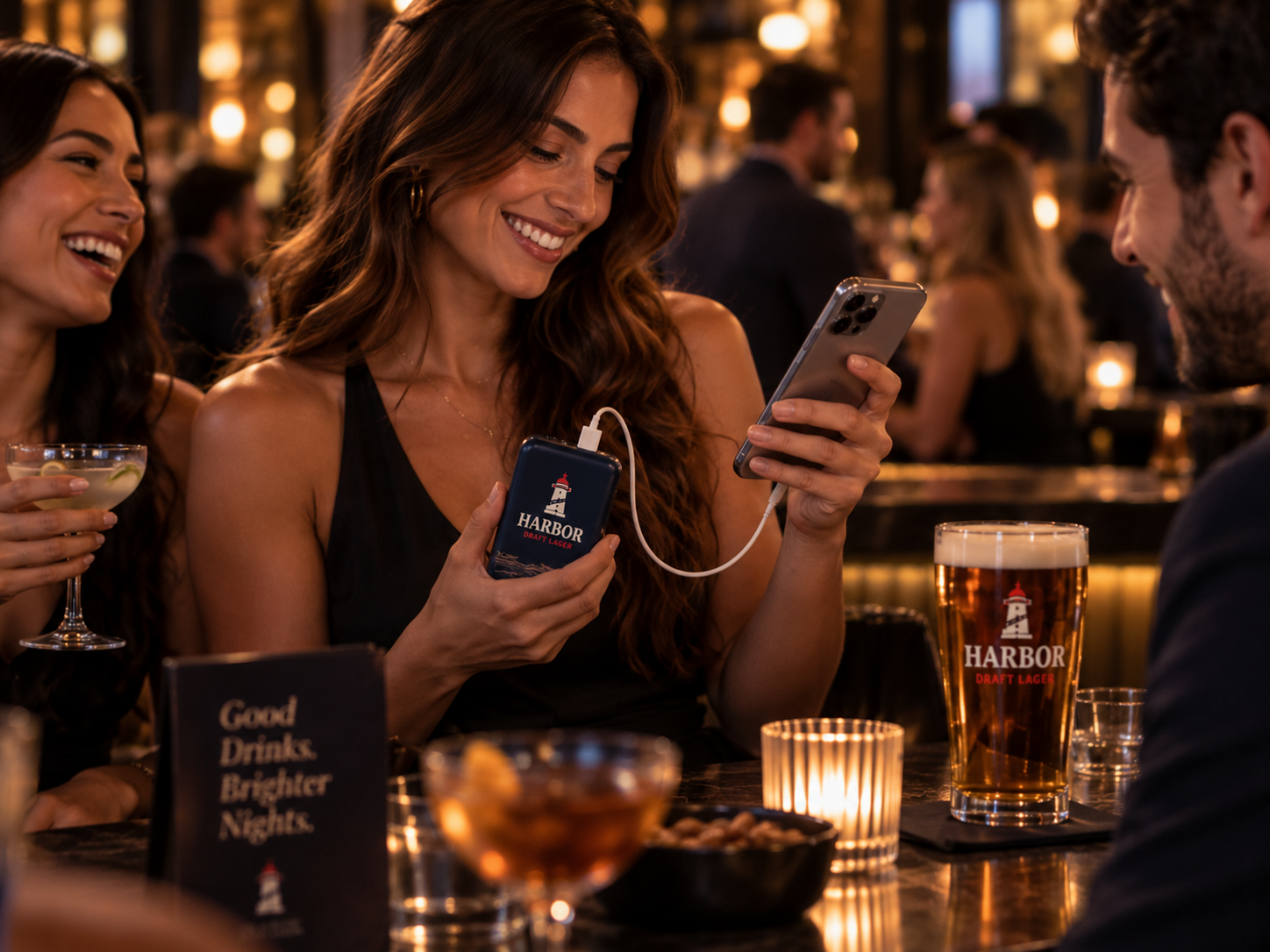 Smiling guest holding a custom branded power bank while charging phone