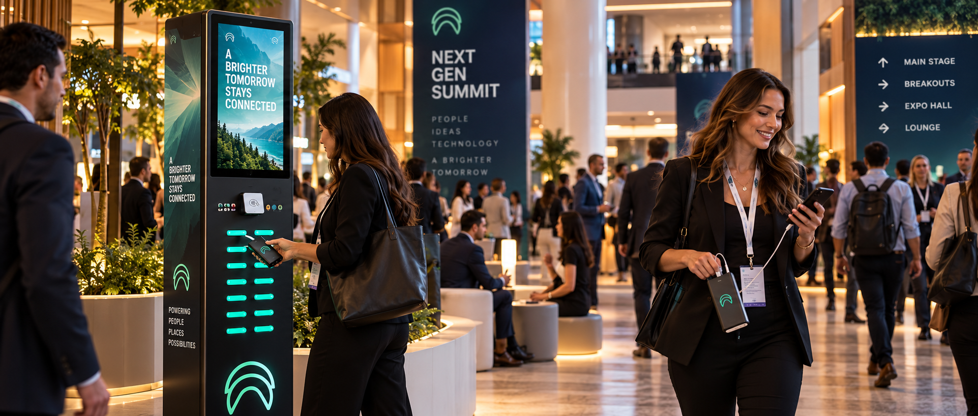 Next Gen Summit branded charging station activation — guest interacting with station and carrying portable battery through the event