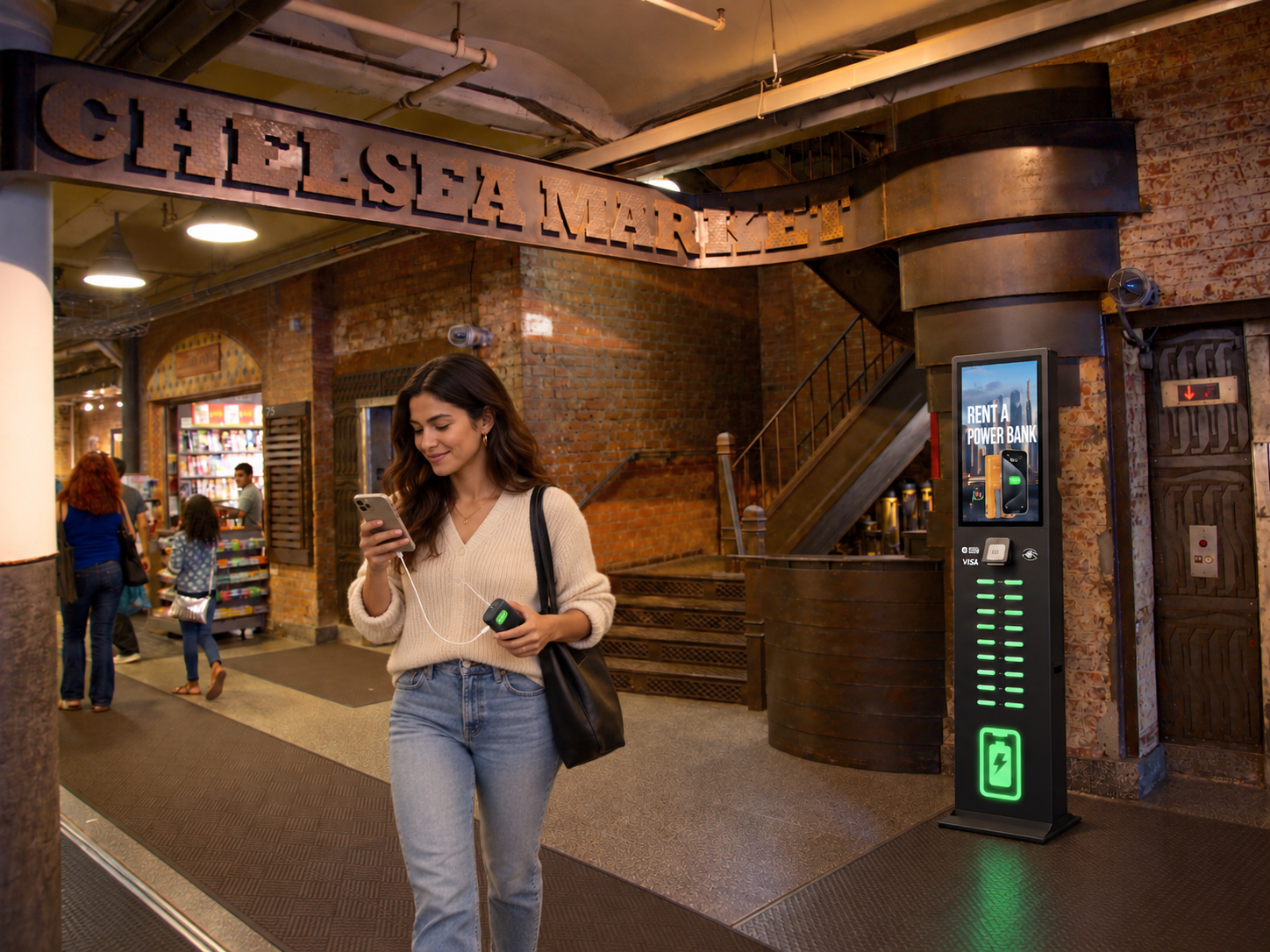 Guest carrying a portable power bank and charging phone while moving through a destination