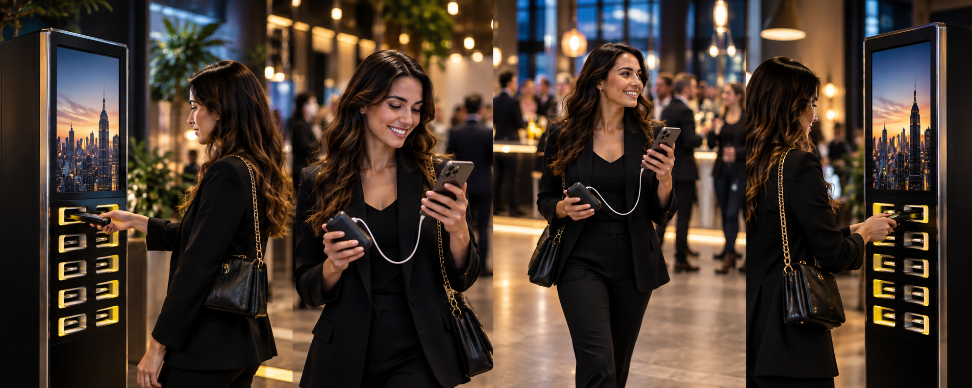 Visual demonstration of portable phone charging journey: picking up a power bank, connecting to phone, walking freely while charging, and returning to a station