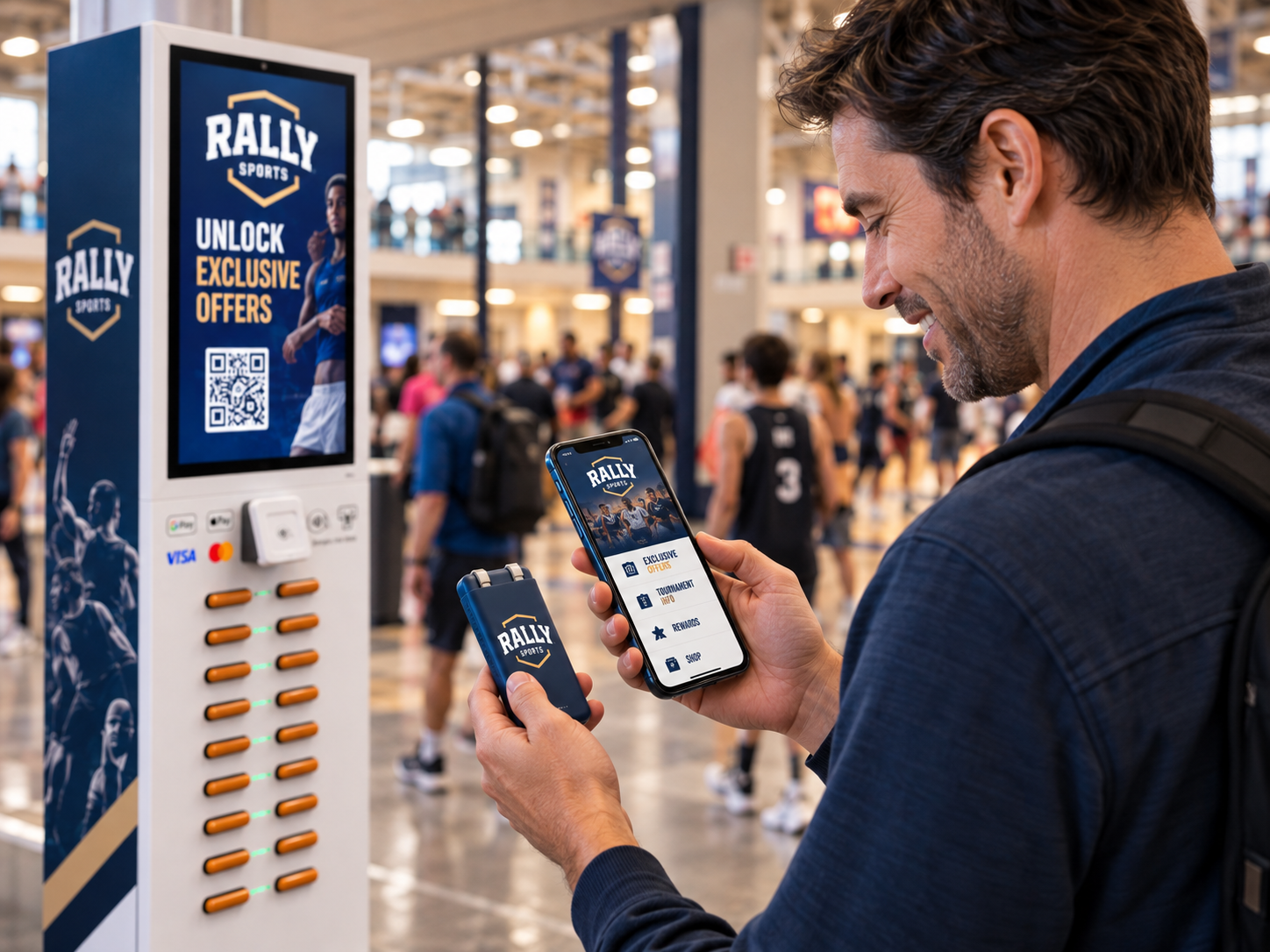 A spectator holding a RALLY SPORTS battery and interacting with exclusive tournament offers on his smartphone