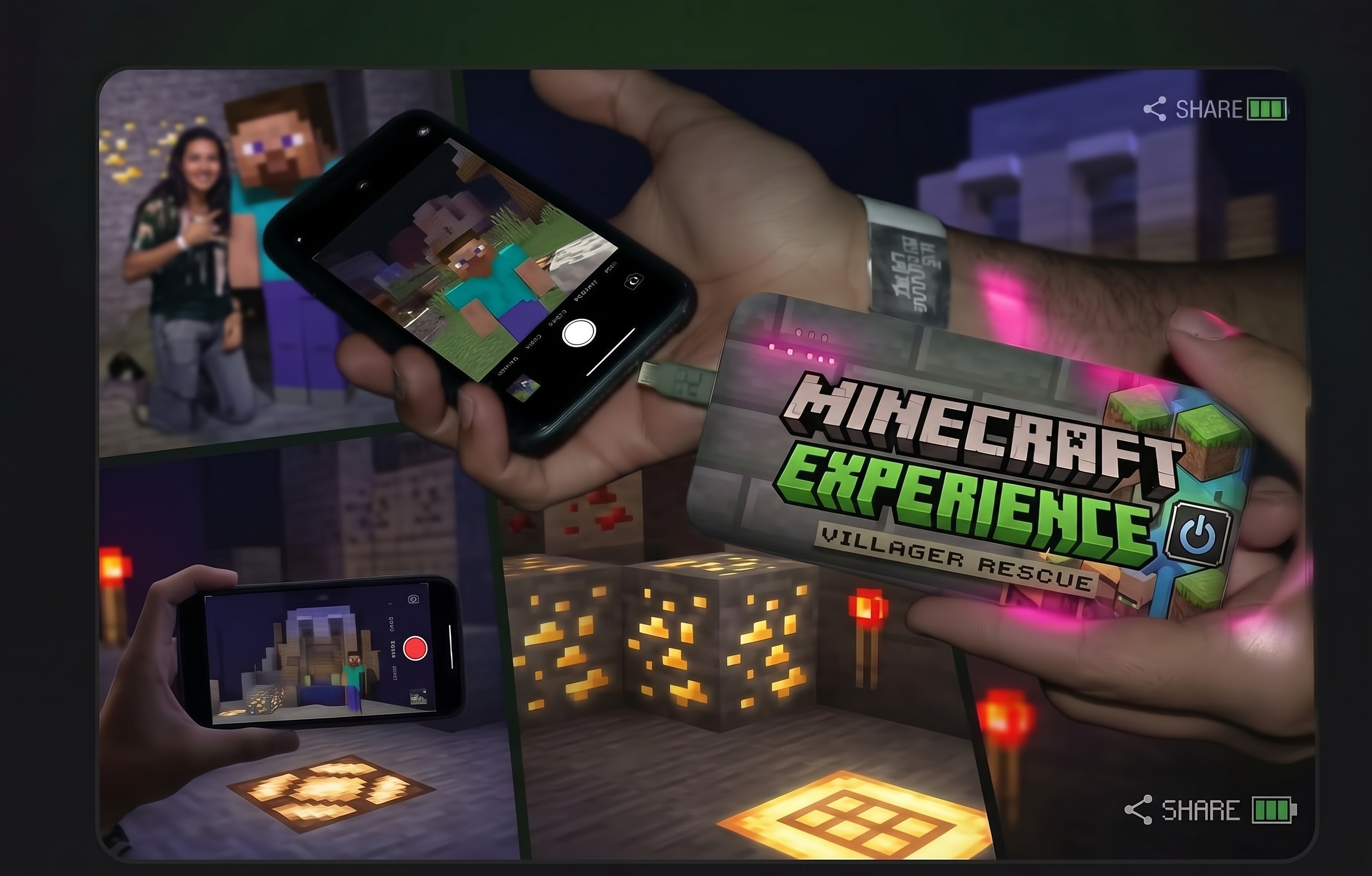 Minecraft Experience guests capturing moments with powered phones