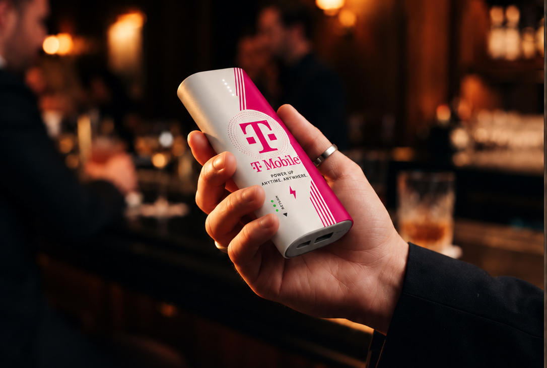 Branded portable battery in a guest's hand