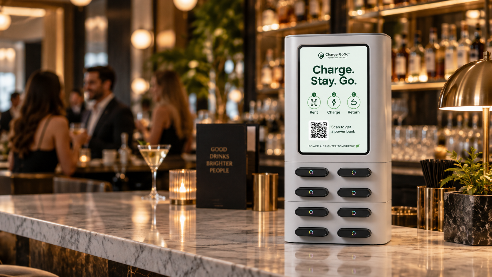 Premium charging station on an upscale bar counter in a hospitality lounge