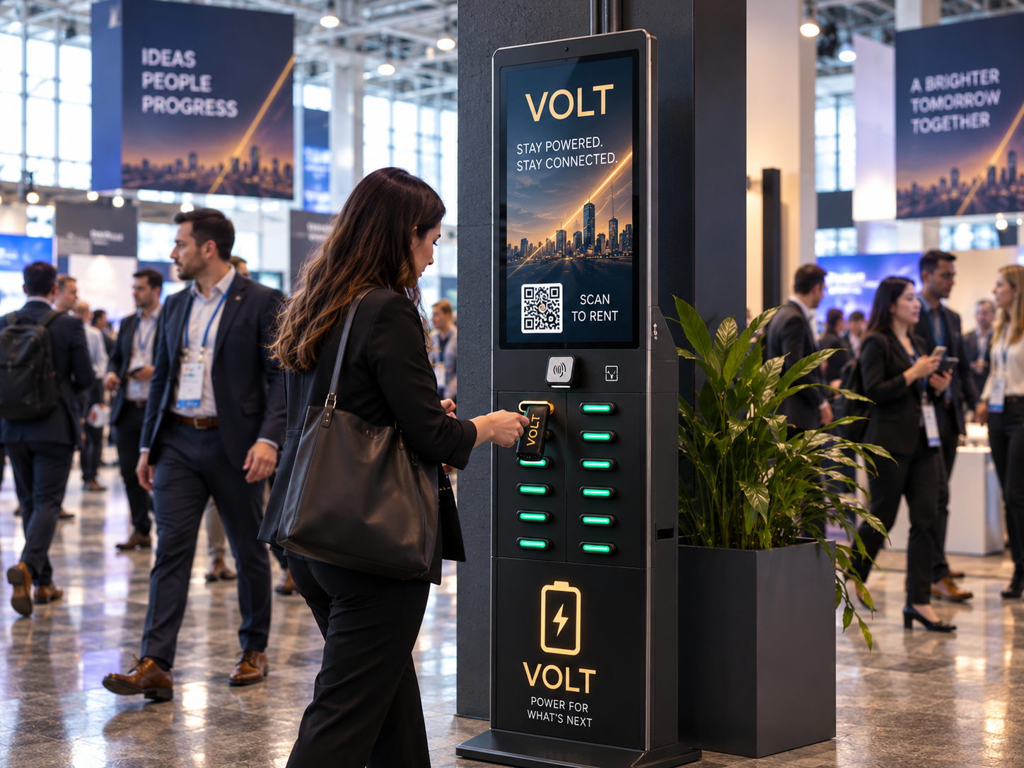 A VOLT-branded charging station on an active convention center concourse