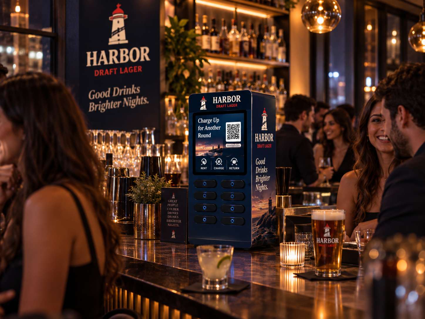 Harbor Draft Lager custom branded countertop station in an upscale venue