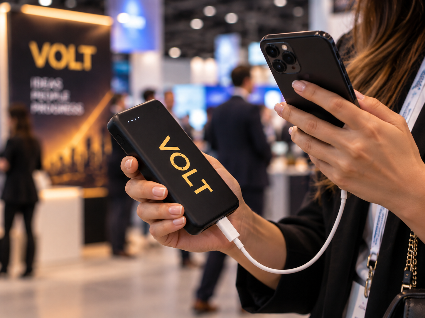 A conference attendee holding a VOLT-branded portable battery while charging her phone on the event floor