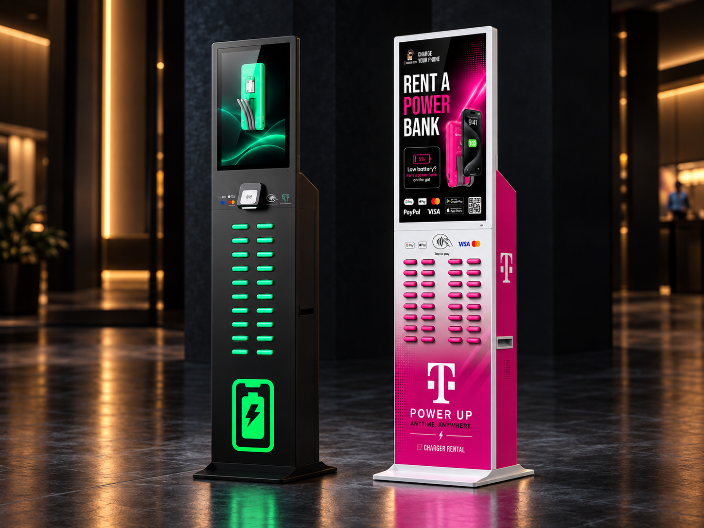 Standard and sponsor-branded portable charging stations side-by-side