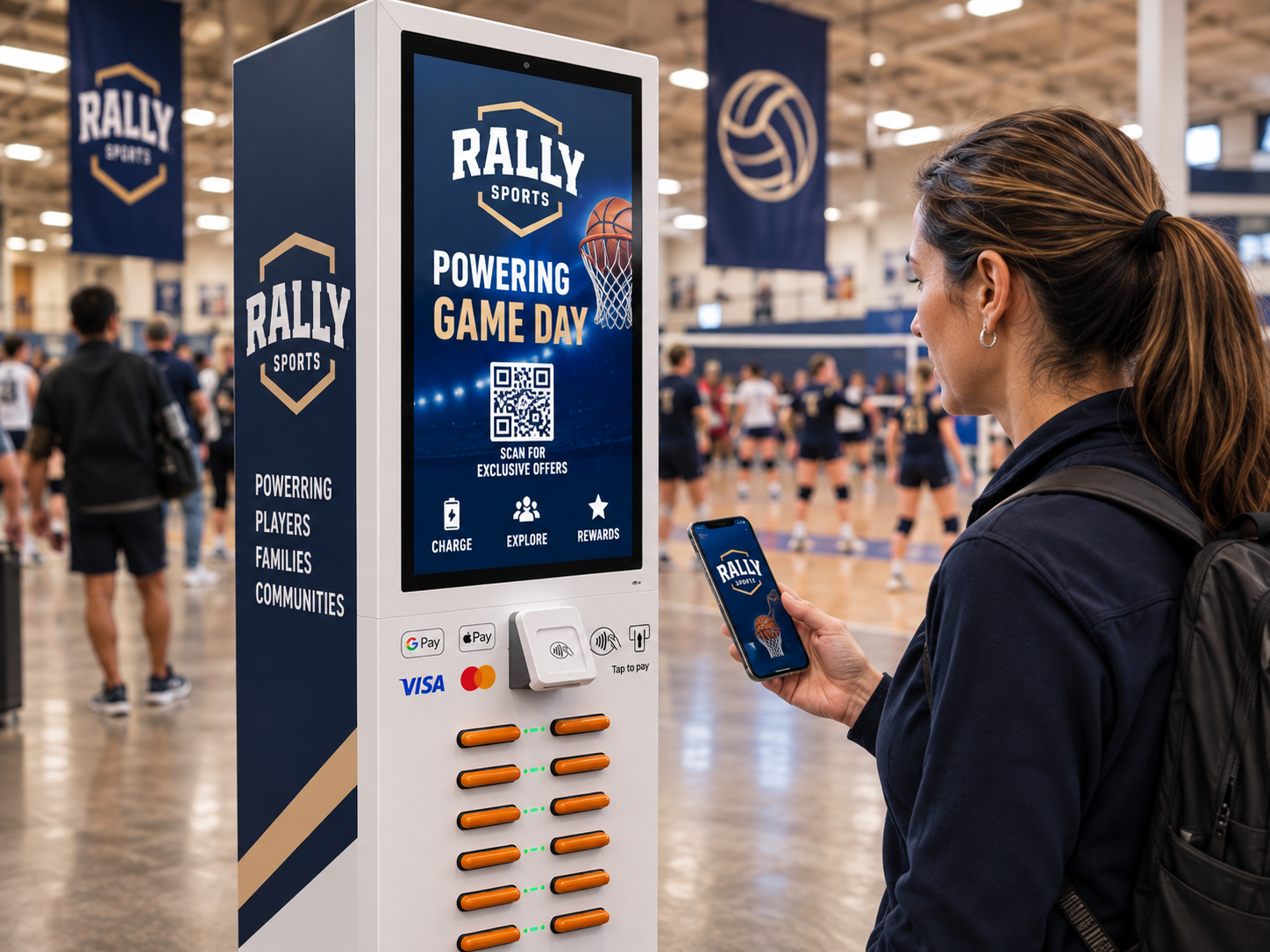 A spectator viewing the RALLY SPORTS digital screen and scanning the on-screen QR code at an indoor volleyball arena