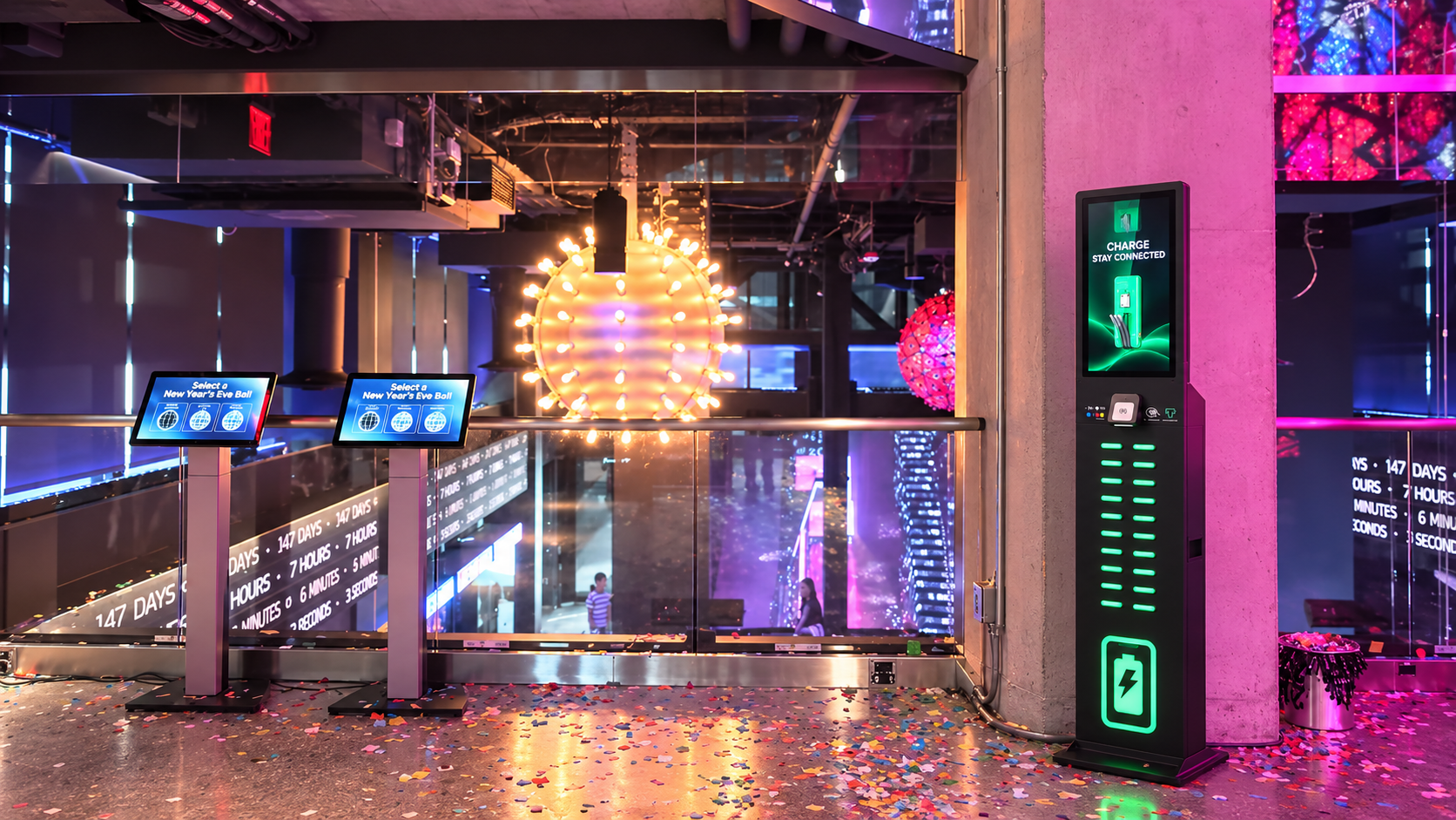 Guest PowerUp portable charging station placed on the observation deck overlooking the New Year's Eve ball at One Times Square