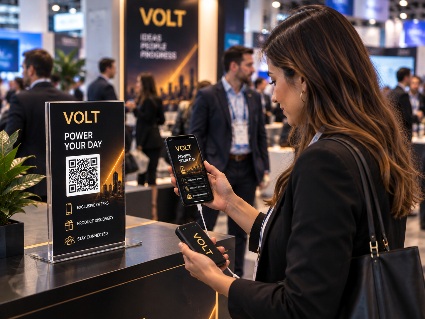 A conference attendee interacting with a VOLT digital promotion on her phone alongside the portable battery