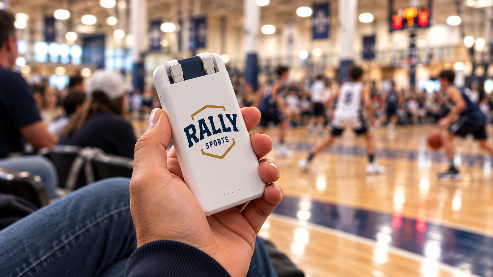 A hand holding a white RALLY SPORTS branded portable battery in an indoor youth basketball tournament arena